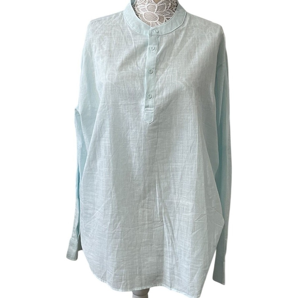 CooFandy Women's XXL Light Blue Mandarin Collar Tunic Shirt Cotton Hemp Long